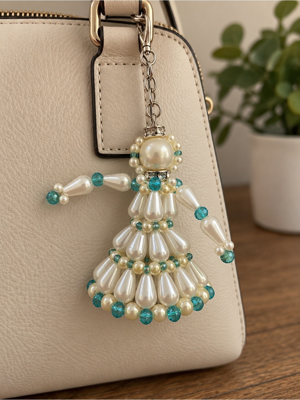 Artisan Keychain Bag Accessory 4” Handcrafted Pearl Teal Beaded Doll Purse Charm